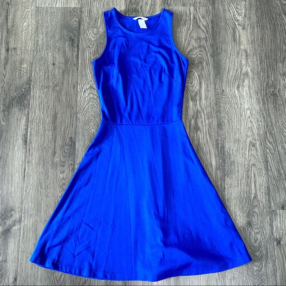 h&m blue skater dress Dark blue denim puff sleeve short dress – DESTREE main image 0